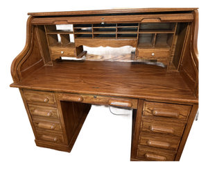 Vintage (Circa 1982) Oak Roll-Top Secretary Desk in Rich, Warm Honey-Brown Finish.
