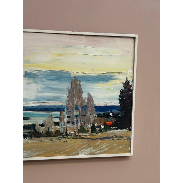 Mid-Century Modern Harry Sahlin, Houses by the Shore, 1975, Oil on Panel, Framed For Sale - Image 3 of 18