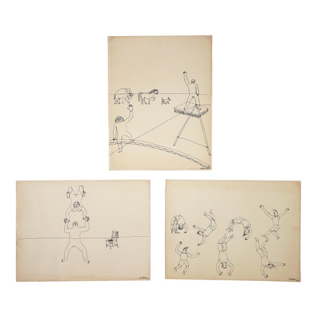 Quantity of 3 Different Vintage Original Alexander Calder Lithograph Prints of His Circus Sketches W/ Printed Signatures and Dates of 1931 & 1932 For Sale