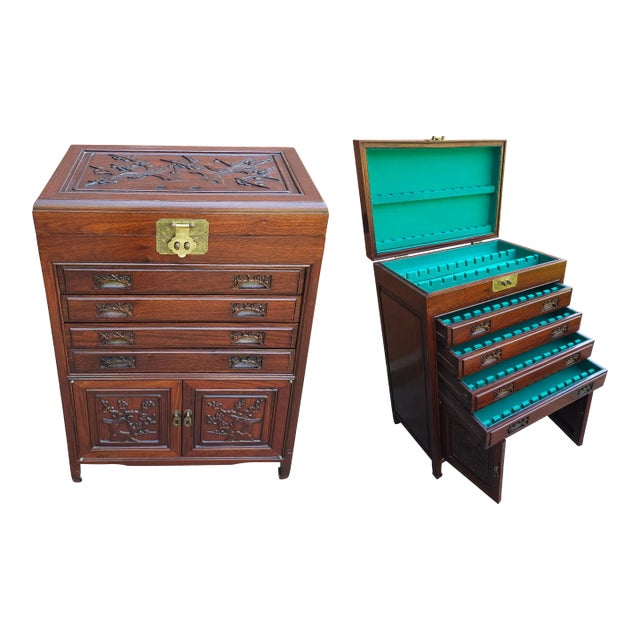 Mid-20th Century Chinese Carved Rosewood Siver Chest Cabinet For Sale