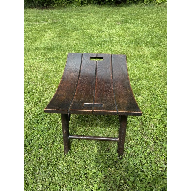 Mid 20th Century Mid-Century Arts & Crafts Solid Oak Wood Bench Stool Curved Seat Rustic For Sale - Image 5 of 17