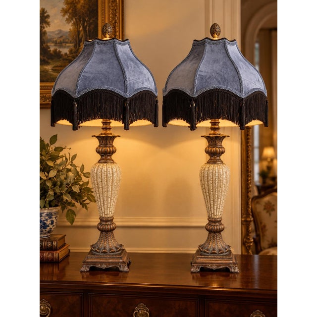 Late 20th Century Late 20th Century Neoclassical Cream Crackle Urn Lamps With Muted Blue Velvet Fringe Shades - Pair For Sale - Image 5 of 8