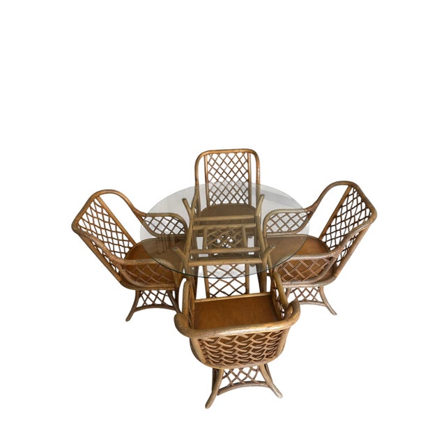 Boho Chic Mid 20th Century Rattan Latticed Dining Set With Glass Top Table For Sale - Image 3 of 16