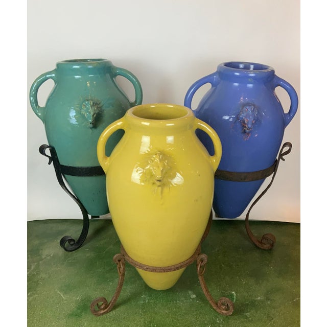 Ceramic Colorful Oil Jars in Stands - Set of Three From the 1920's For Sale - Image 7 of 12