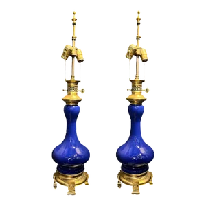 1920 French Glazed Porcelain Blue Table Lamps - Pair