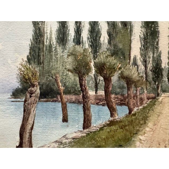 Impressionist Early 20th Century Attributed to Frank Henry Mason Riverside Road Poplar Trees Landscape Watercolor For Sale - Image 3 of 7