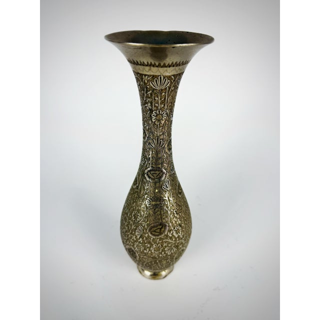 Vintage Hand-Engraved Silver-Tone Indian Vase, Circa 1965–1970s For Sale - Image 4 of 9