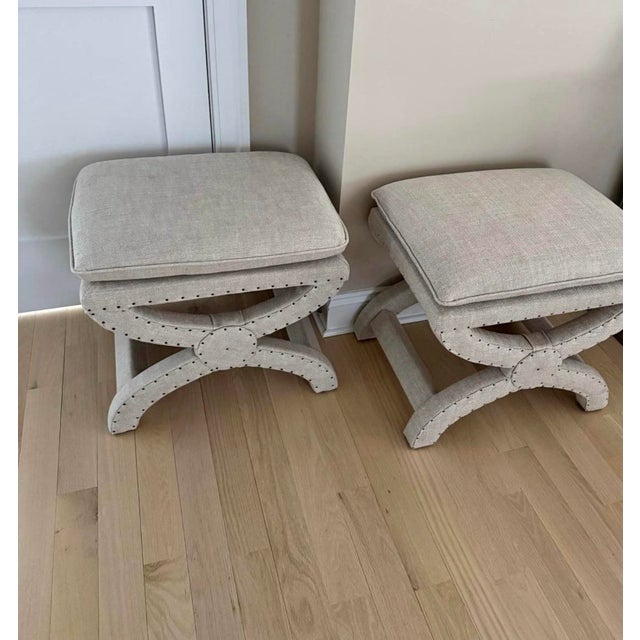 Stunning high quality bench upholstered in Belgium linen from a retired Restoration Hardware French inspired collection....