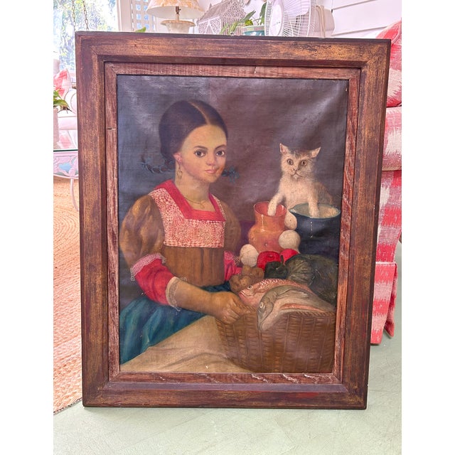Horacio R. Rocha Painting of Girl With Cat 1940's For Sale - Image 9 of 14