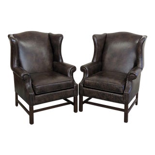 Late 20th Century Ethan Allen Leather Wingback Chairs- A Pair For Sale