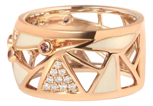 14K Rose Gold 1/3 Cttw Diamond and Pink Tourmaline Cigar Band Ring with White Enamel