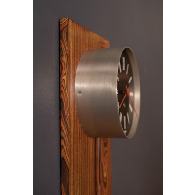 Wood Mid Century Modern Zebrawood and Chrome Wall Clock by Howard Miller For Sale - Image 7 of 14