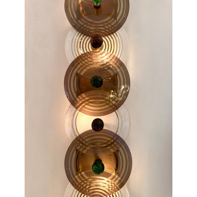 Large Contemporary Pair of Brass and Circle Disc Murano Glass Sconces, Italy For Sale - Image 4 of 12