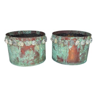 Pair Gothic Revival Verdigris Copper Planters Applied Medieval Heads, circa 1900 For Sale