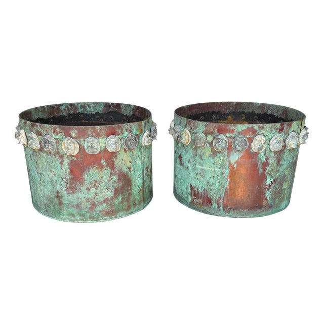Pair Gothic Revival Verdigris Copper Planters Applied Medieval Heads, circa 1900 For Sale