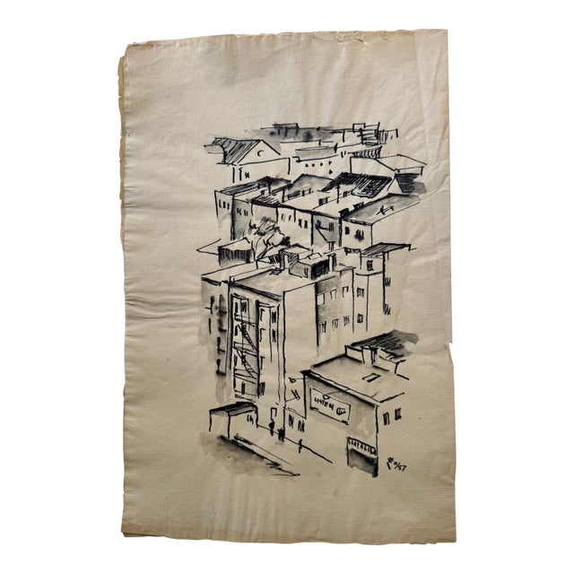 Henry Emil Salloch Original Pen and Ink on Paper Urban Scene, 1957. For Sale