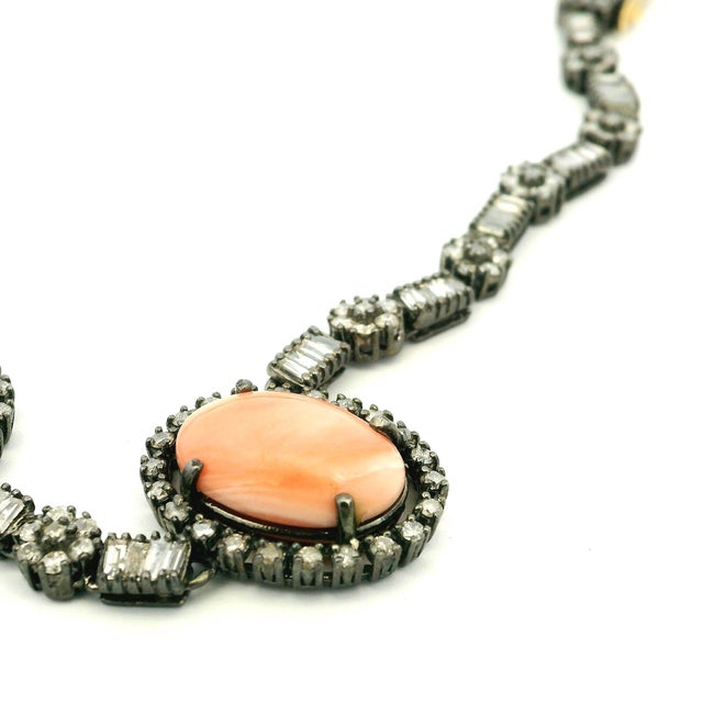 Orange Indian Coral and Diamond Necklace in Oxidized Silver and 14k Gold, C. 1980 For Sale - Image 8 of 11