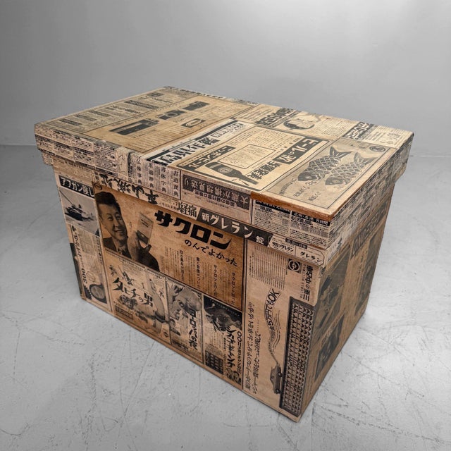 Mid-Century Modern Japanese Tea Chest with Newspaper Paper and Advertisements, 1960s For Sale - Image 3 of 14