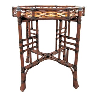 Tommy Bahama Penshell and Faux Bamboo Octagonal Rattan Tortoise Chinoiserie Side Table For Sale