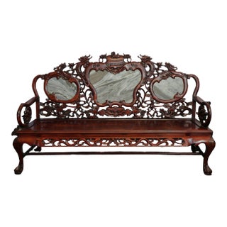 Exquisite 20th-Century Chinese Carved Rosewood & "Dream-Stone" Marble Settee For Sale