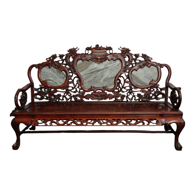 Magnificent Mid Century 66” Chinese Hand-Carved Rosewood (Hongmu) and Dali Dreamstone Marble Settee For Sale