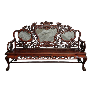 Magnificent Mid Century 66” Chinese Hand-Carved Rosewood (Hongmu) and Dali Dreamstone Marble Settee