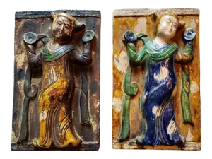Antique Chinese Ming Dynasty Sancai Glazed Terracotta Architectural Frieze Wall Tiles - A. Pair
