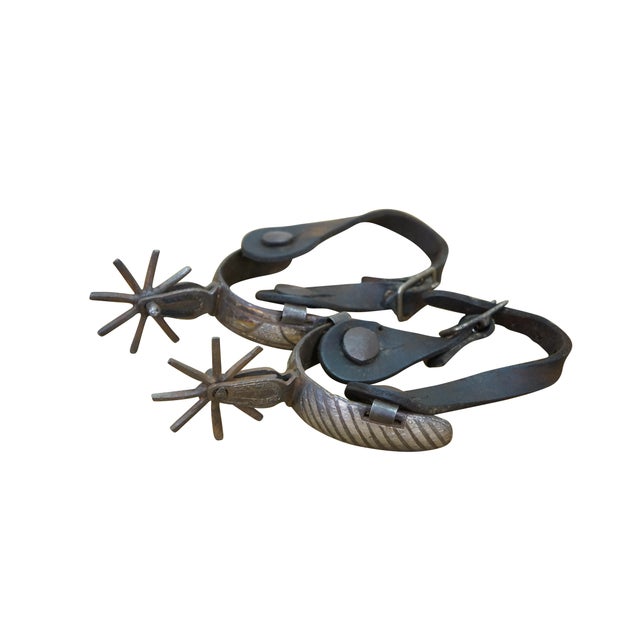 American Antique Southwestern Mexican Spanish Cowboy Iron Copper Inlay Horse Spurs For Sale - Image 3 of 16