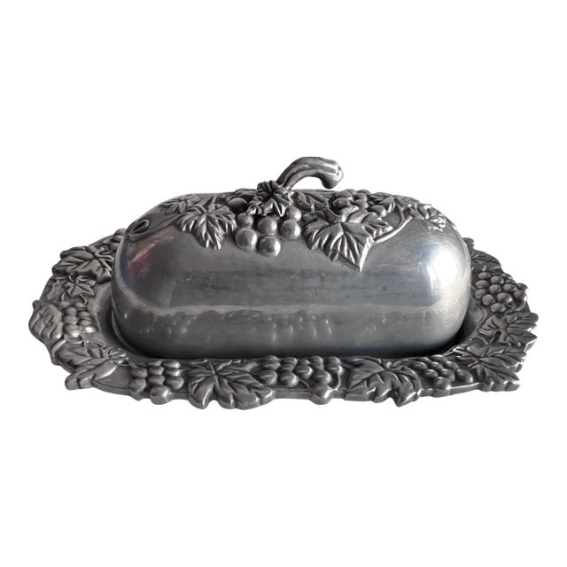 Vintage Lenox Metal Grapevine Butter Dish with Embossed Lid, Made in Usa For Sale