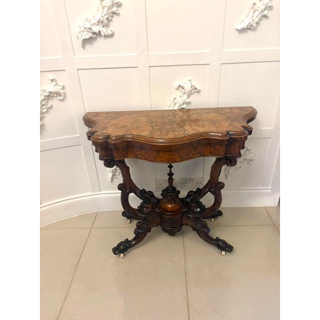 Antique Victorian Burr Walnut Card or Console Table with Carved Basket Base, 1850 For Sale - Image 16 of 16