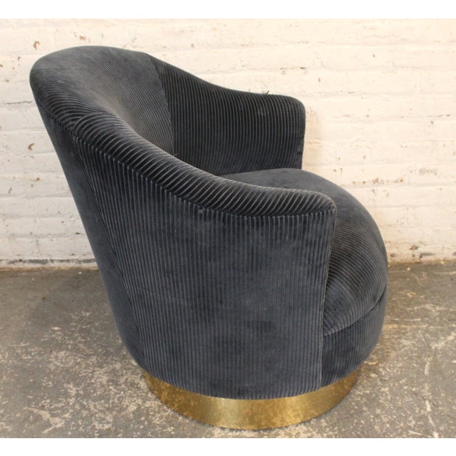 Mid-Century Modern Blue Corduroy Barrel Swivel Chair and Ottoman For Sale - Image 9 of 13