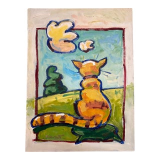 Late 20th Century Pop Art Cat Oil Painting, Signed For Sale