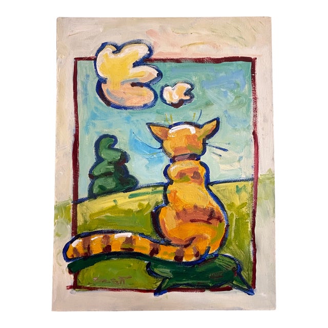 Late 20th Century Pop Art Cat Oil Painting, Signed For Sale