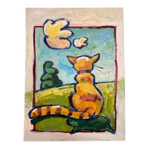 Late 20th Century Pop Art Cat Oil Painting, Signed