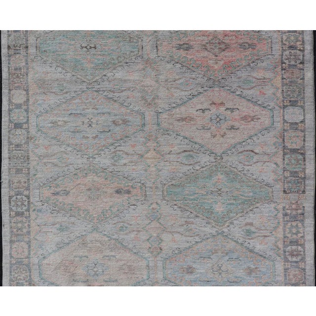 Textile Large Medallion Design Modern Oushak on a Light Blue Field With Multi Colors For Sale - Image 7 of 11