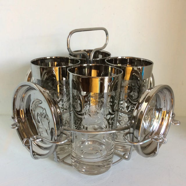 Platinum Banded Kimiko 4 Glass and 4 Coaster Cocktail Set in Caddie For Sale - Image 13 of 13