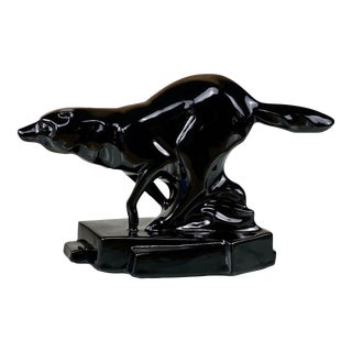 Mid-Century Art Deco Black Porcelain Fox Wolf Figural Sculpture For Sale