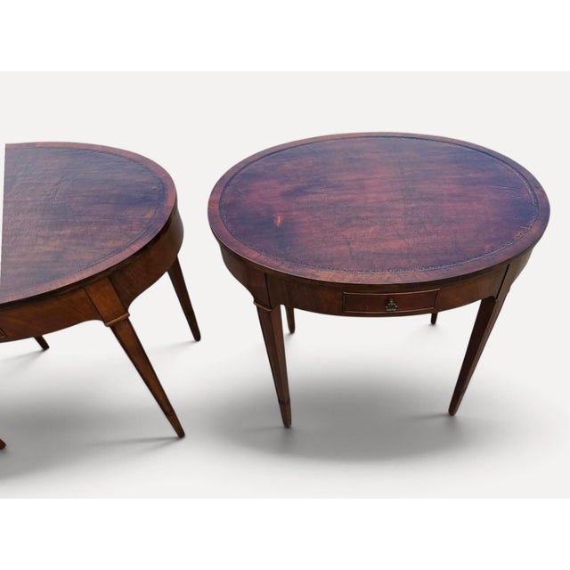 1920 English Sheraton Mahogany Leather Top Side/Sofa Tables, American Made. For Sale - Image 15 of 16
