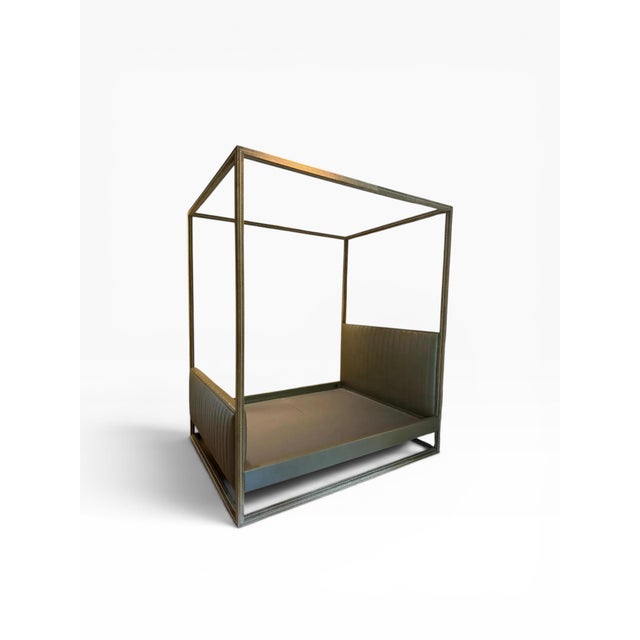 Metal Frank Roop Queen Canopy Bed in Olive Green Leather and Alcantara With Nailhead Detail For Sale - Image 7 of 9