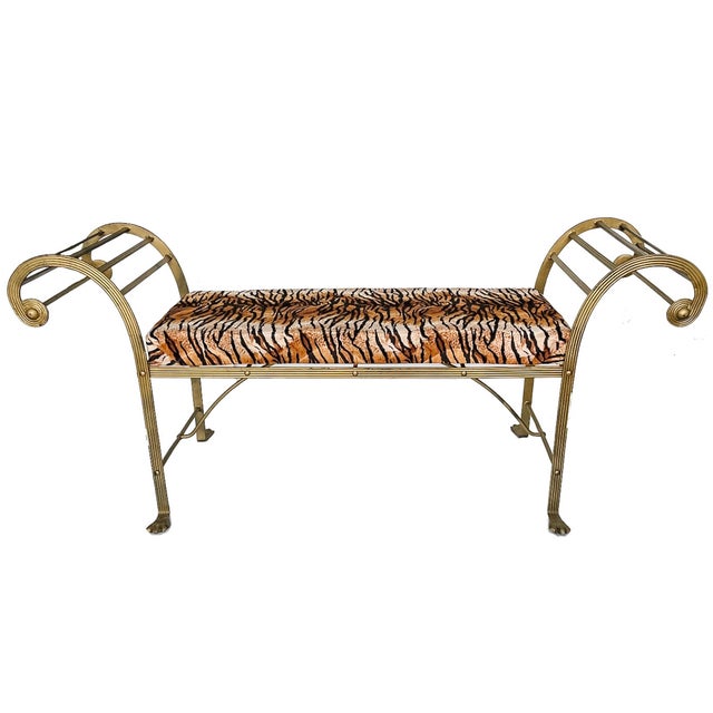 Vintage Hollywood Regency Gilt Metal Pagoda Bench With Tiger Print Upholstery and Paw Feet For Sale In San Diego - Image 6 of 6