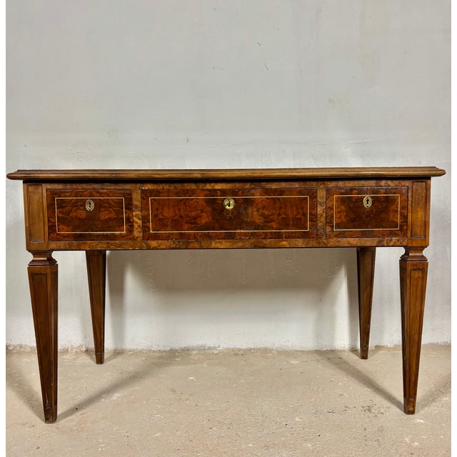 French French Louis XVI Style Walnut Writing Desk With Leather Top, Early 20th Century For Sale - Image 3 of 9