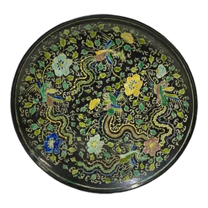 Vintage Chinese Black Base Mixed Color Phoenix Graphic Porcelain Plate Display