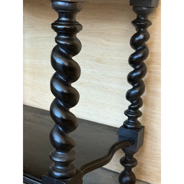 1900-1909 Dark Walnut Carved Spanish Nightstands With Solomonic Legs and Low Shelve For Sale - Image 14 of 15