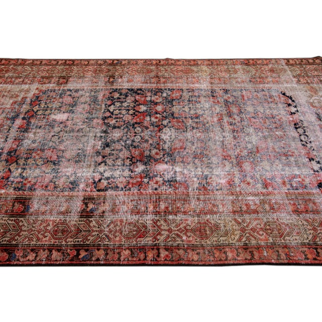 Textile Vintage Distressed Handmade Floral Red Wool Rug For Sale - Image 7 of 9