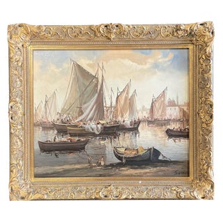 Sailing Boats in Harbor, Oil on Canvas, Mid-20th Century, Framed For Sale