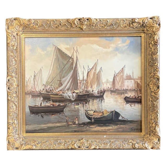 Sailing Boats in Harbor, Oil on Canvas, Mid-20th Century, Framed For Sale