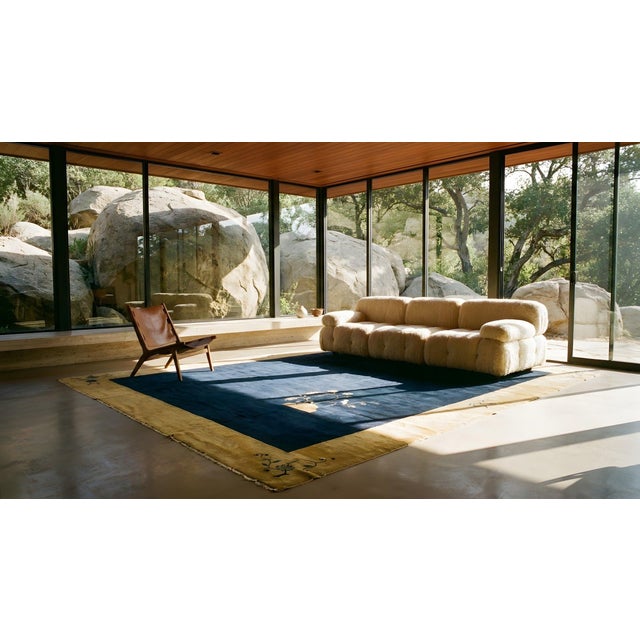 1920s Navy Open Field Art Deco Modern Antique Chinese Peking Knotted Wool Rug For Sale - Image 9 of 9