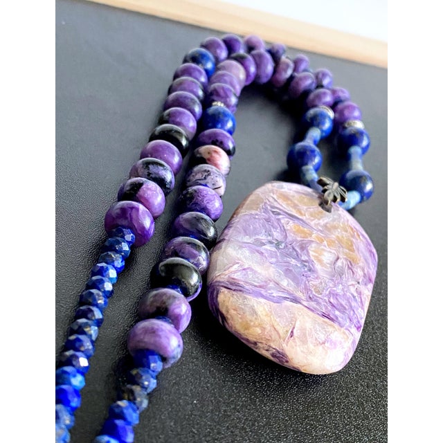 Statement Charoite and Lapis Lazuli Necklace With Sculptural Charoite Pendant a Wearable Work of Art For Sale - Image 10 of 18