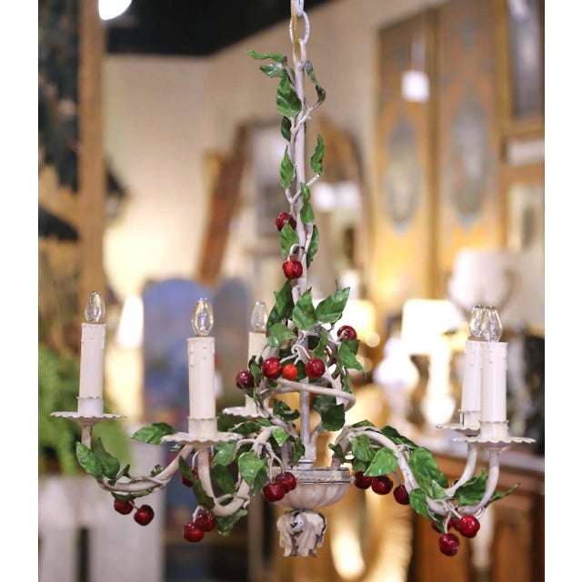 Early 20th Century French Tole Chandelier With Painted Metal Cherries and Leaves For Sale In Dallas - Image 6 of 9