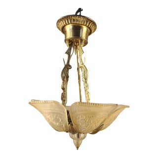 Early 20th Century Art Deco Bronze/Brass 6 Light Slip Shade Chandelier Amber Glass Shades For Sale